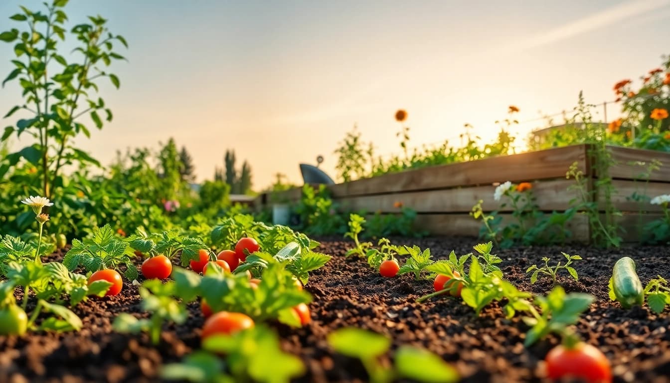 Gardening with vibrant vegetable plants flourishing under bright sunlight in a serene garden.