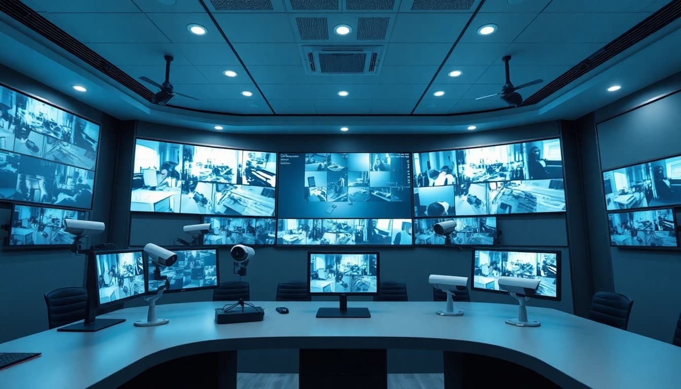 Cámaras Dahua exhibidas en una moderna sala de control de seguridad que muestra funciones de monitoreo en vivo.