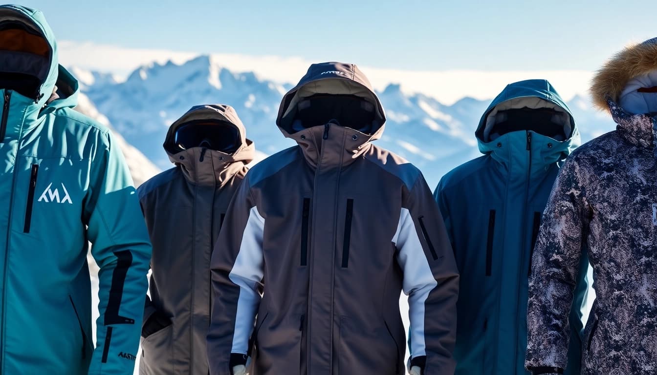 Shop for premium snowboard jackets showcasing vibrant colors and sleek designs in a scenic winter setting.