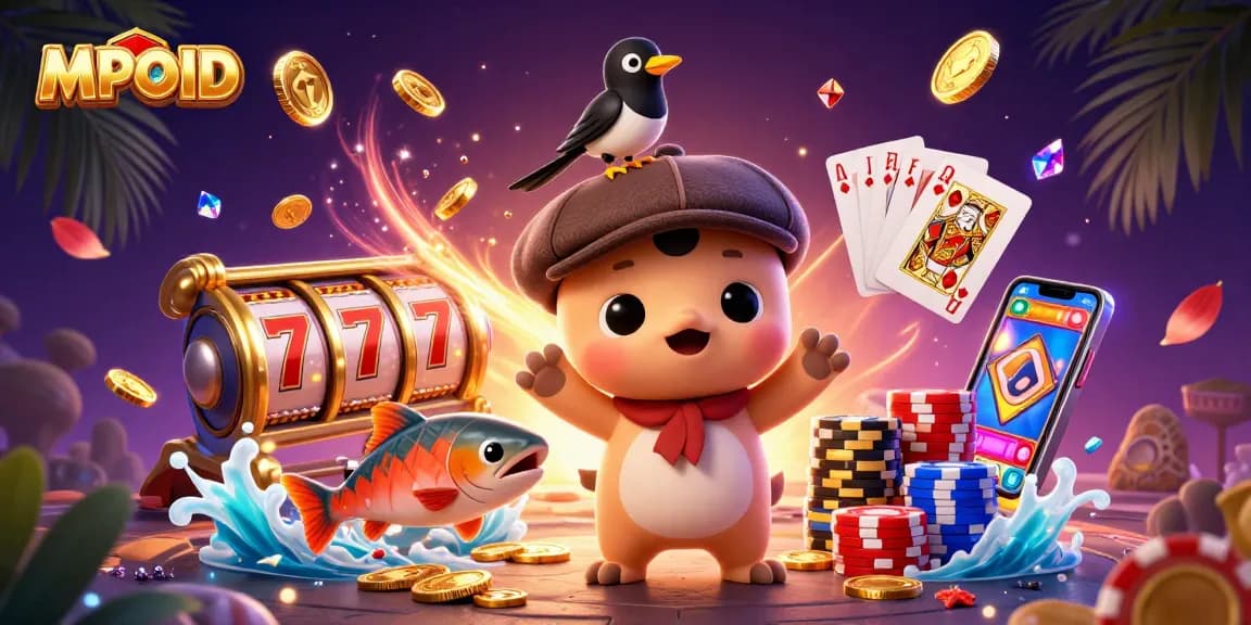 MPOID showcases a lively scene with Nessie and friends amidst vibrant casino elements, spinning reels, and coins.