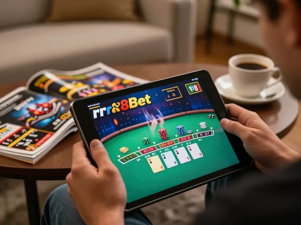 A player enjoying rr88bet casino games on a tablet, revealing a live dealer blackjack game
