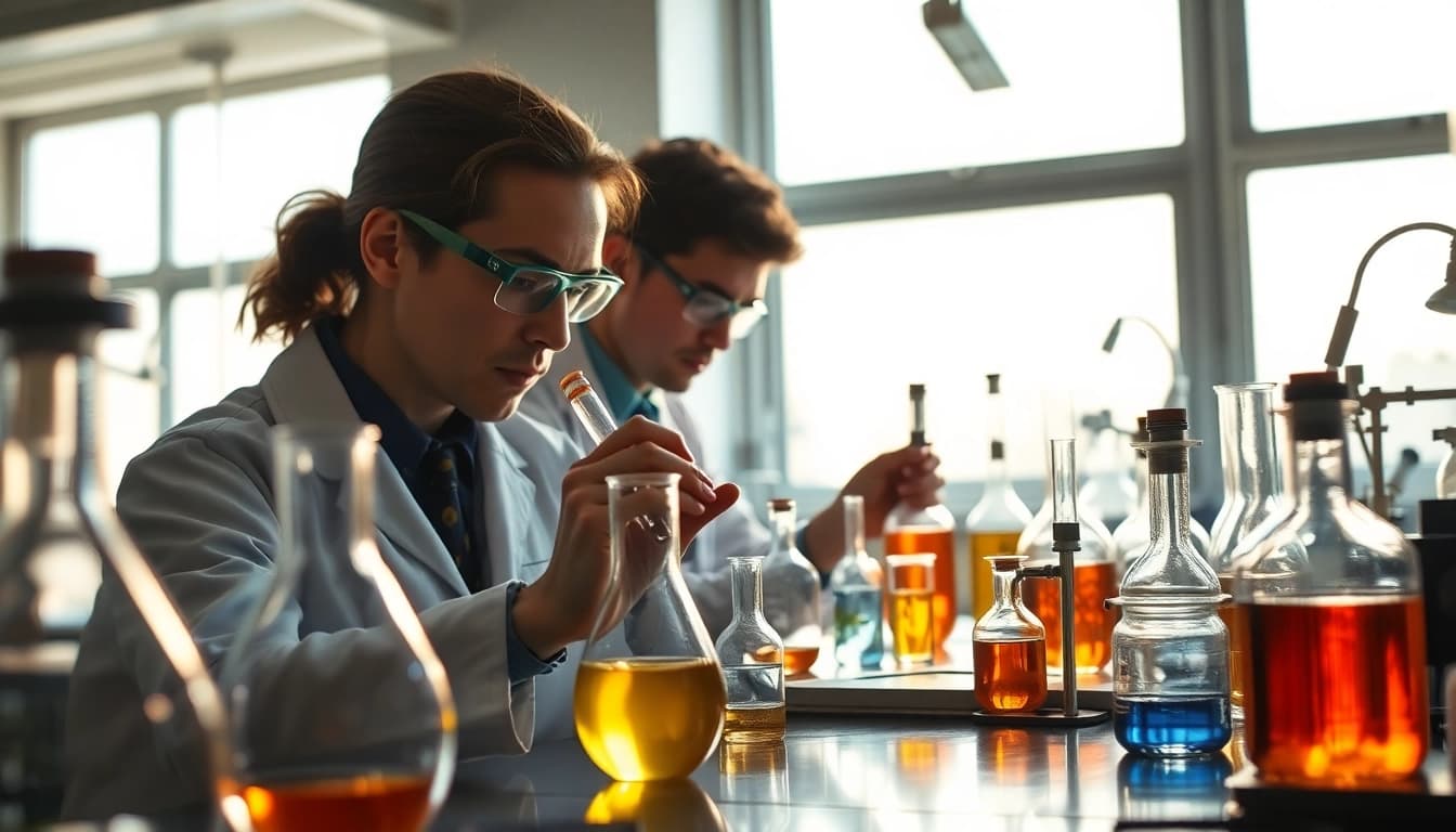 Psychedelicschemstore research lab featuring scientists studying compounds in bright natural light.