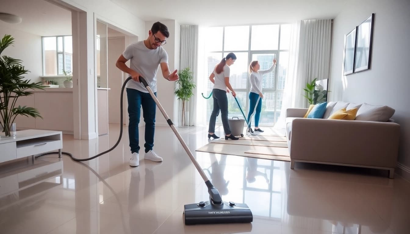 Team performing bond cleaning brisbane ensuring quality and thorough results in a bright apartment.