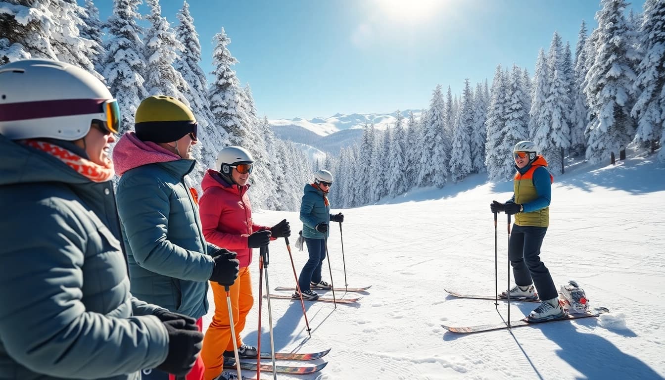 Experience beginner ski packages with joyful skiers on a sunny, snow-covered mountain.