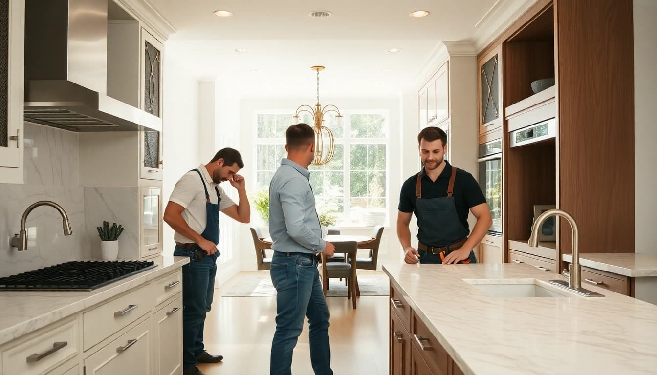 Skilled kitchen installers enhancing a modern kitchen with elegant cabinet designs.