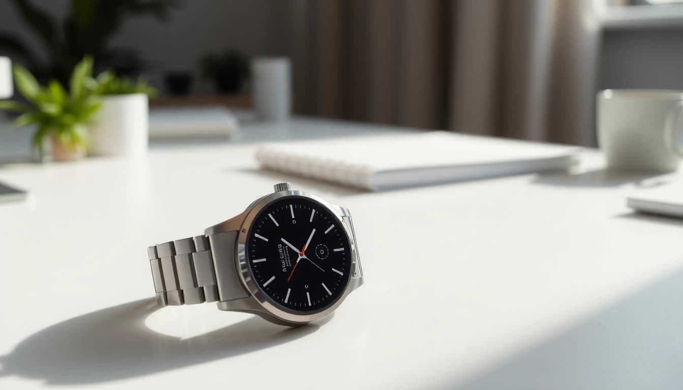 Showcase of Ringconn smartwatch highlighting design and health features in a modern workspace.