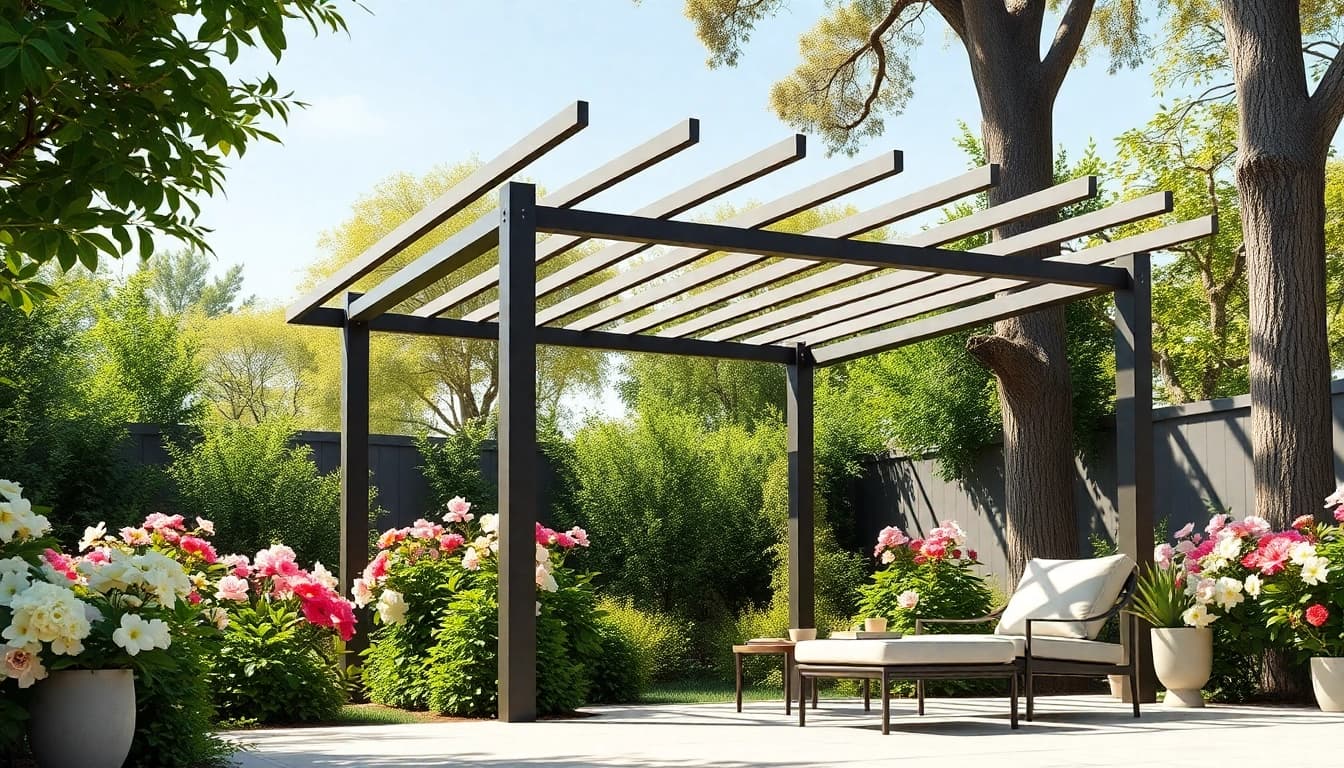 Experience a modern steel pergola beautifully integrated into a lush garden, creating an inviting outdoor space.