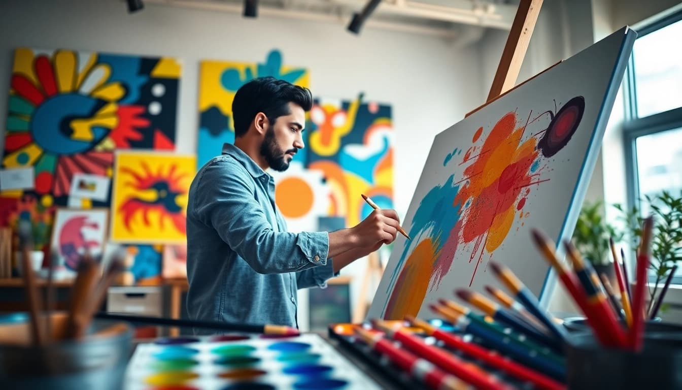 Kooralive artist passionately creating vibrant illustrations in a bright studio.