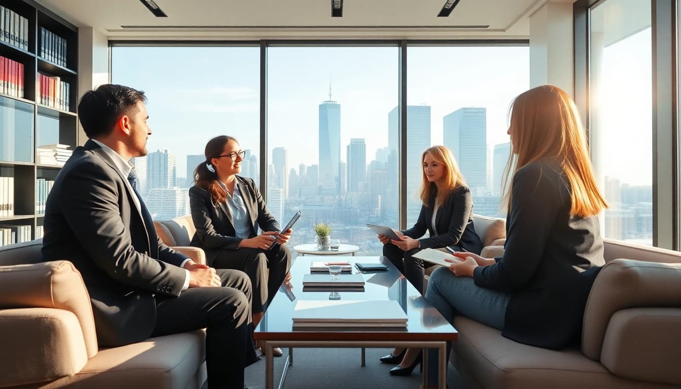 Consulting clients at https://www.steinhardtlawfirm.com in a modern office environment to build trust.