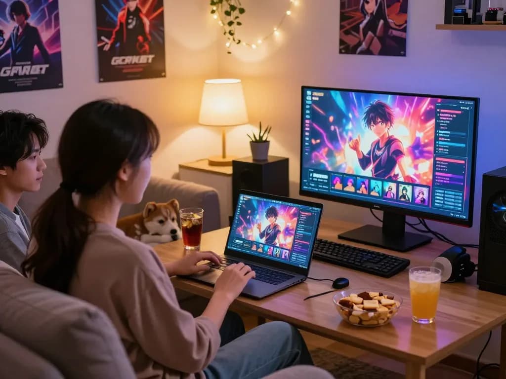 Couple enjoying a free porn game on a laptop in a cozy gaming room.