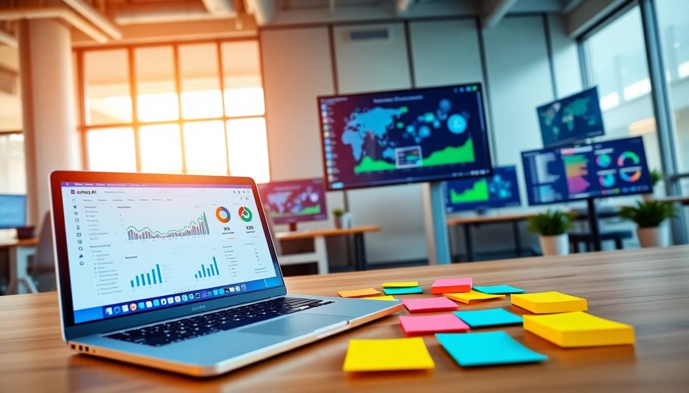 Showcasing ai tools in a professional digital workspace with vibrant colors and natural lighting.