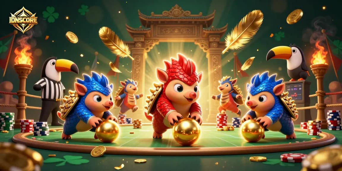 Experience the excitement of IDNSCORE as rival pangolins roll through poker chips in a vibrant casino scene.