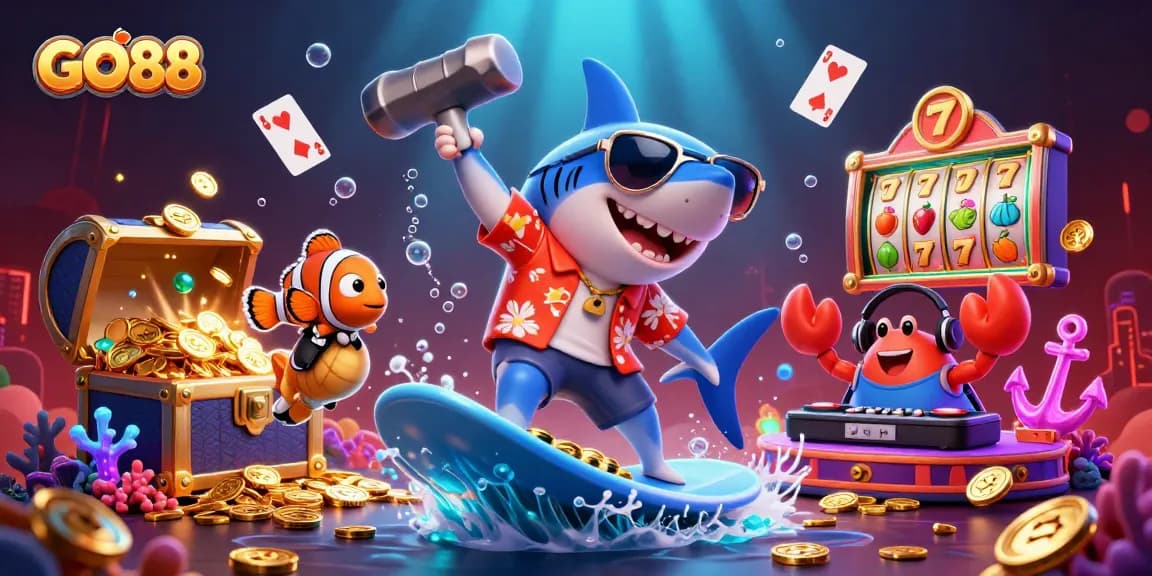 Join GO88 for festive fun with casino games in this vibrant underwater illustration.