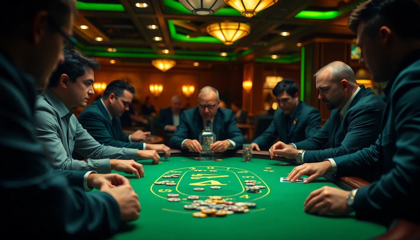 Engaging poker game at 8win casino showcasing intense player focus and vibrant colors.