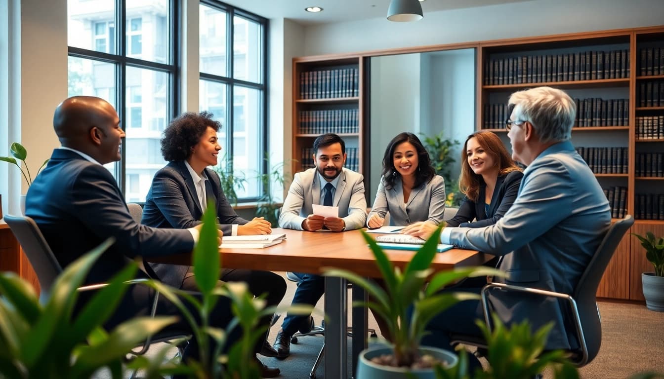 Engaged team at https://www.pwdlawfirm.com discussing personal injury cases in a professional setting.