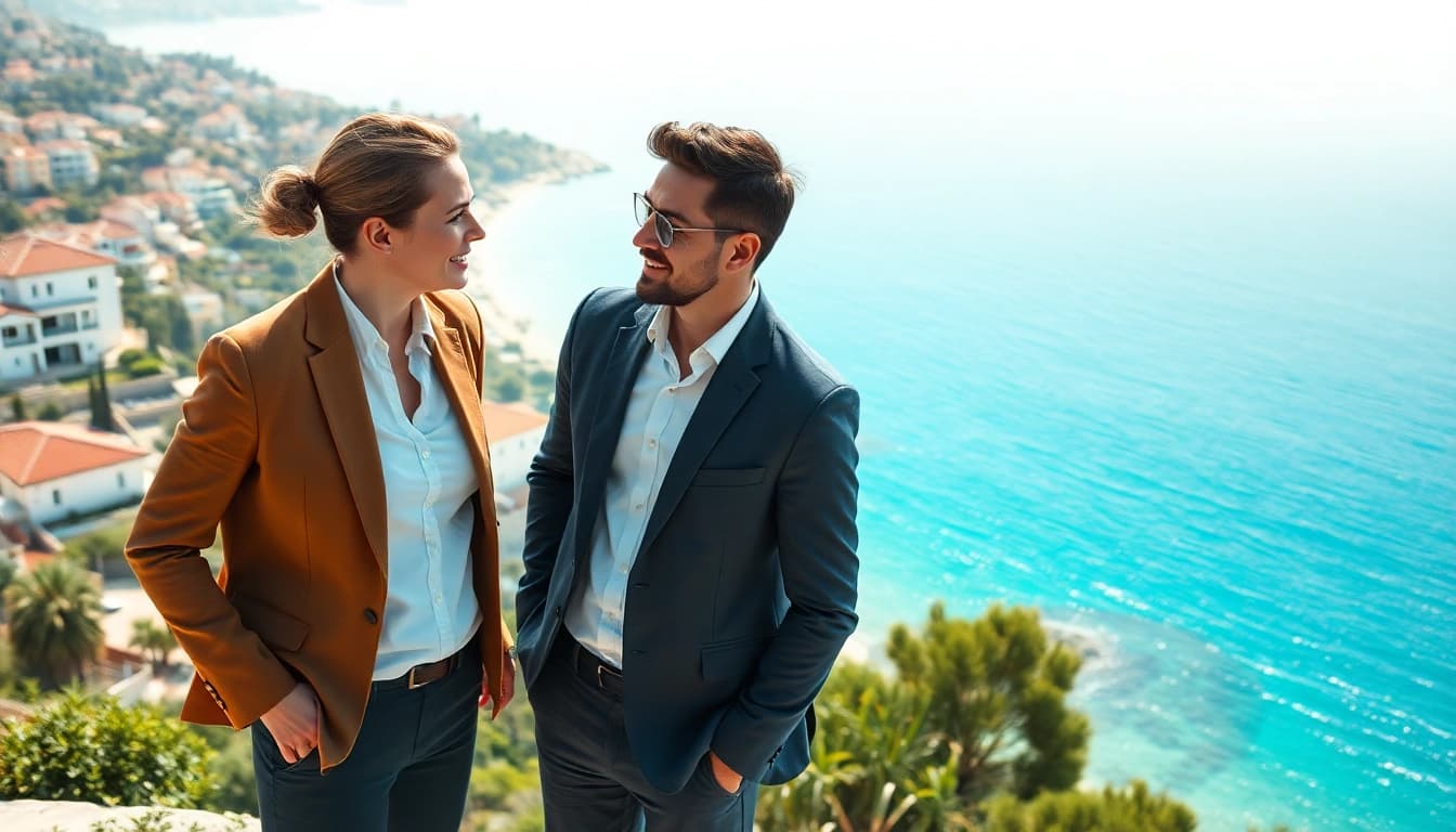 Highlighting real estate in Alanya with agents discussing luxury coastal properties.