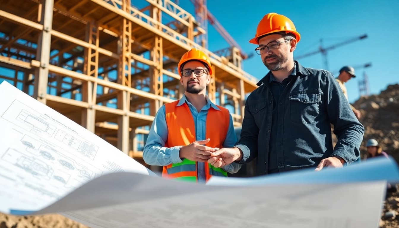 Engaged professionals within a construction membership association deliberating over plans at a vibrant job site.
