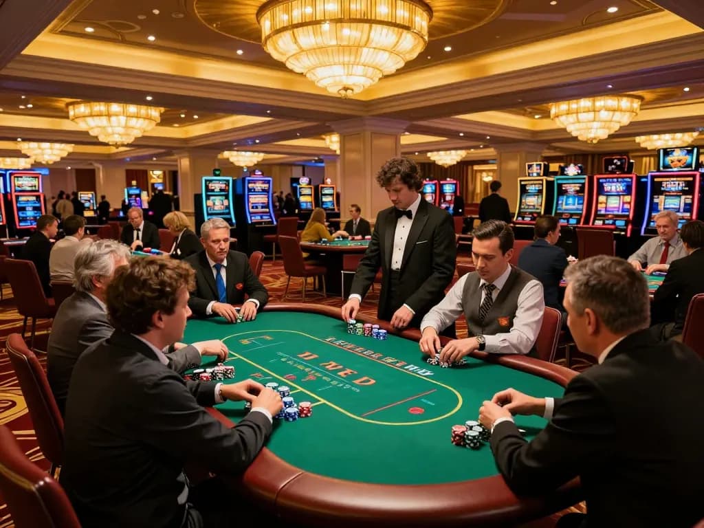 KK55 players engaged in high-stakes poker on a luxurious casino floor.