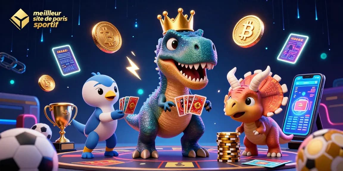 Plongez dans l'univers du meilleur site de paris sportif avec un T-Rex jouant aux cartes, entouré d'éléments de paris dynamique.