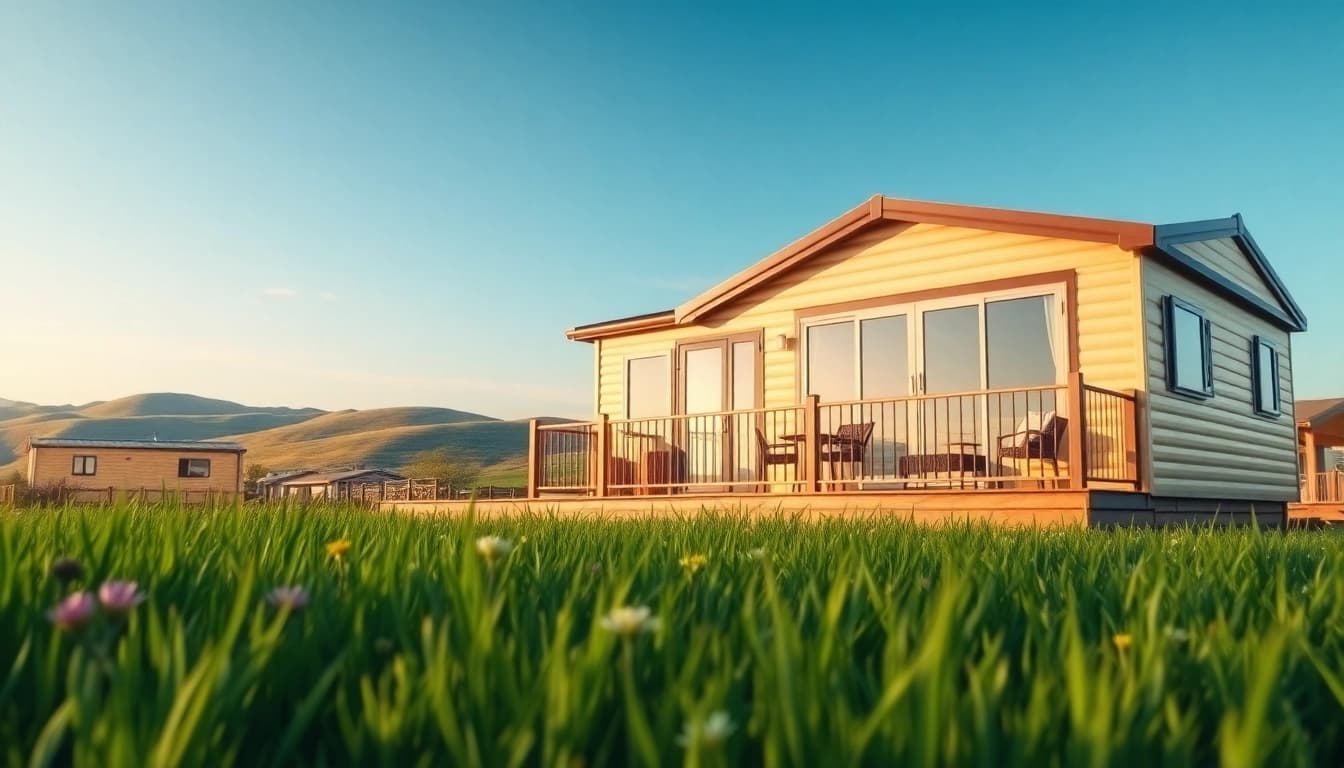 Experience the charm of Static Caravans in a beautiful countryside setting with lush greenery.