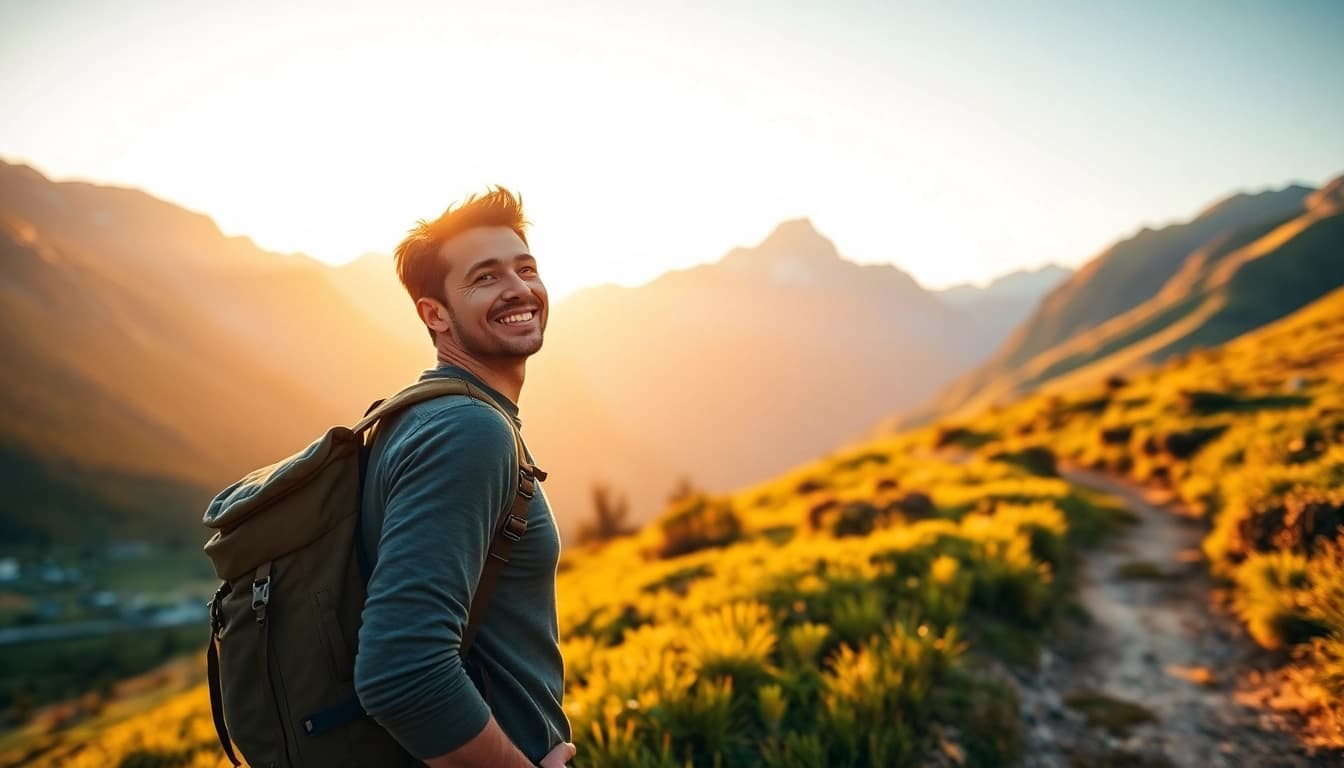 Embark on an adventure at https://fernweh-abenteuer.de with a traveler gazing at breathtaking mountains.
