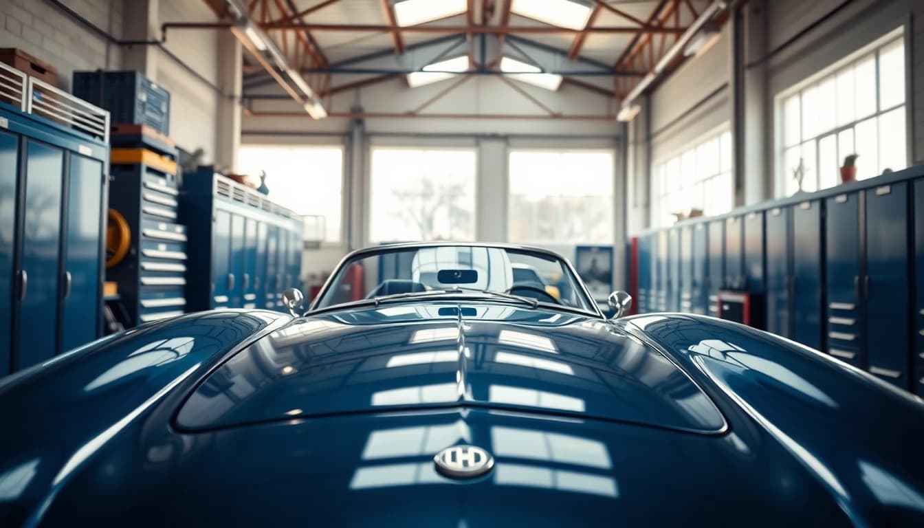 Experience classic car storage with a sleek vintage car featured in an upscale facility.