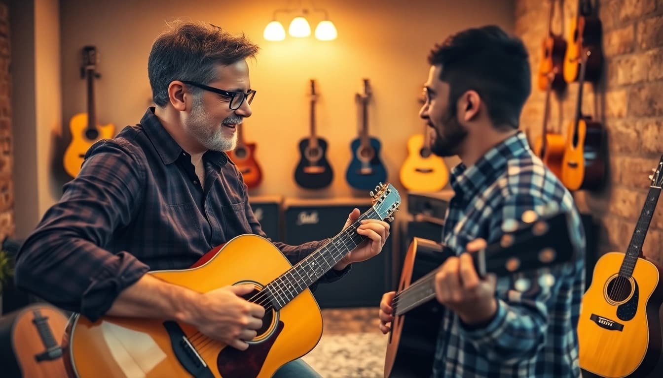 Engaging guitar lesson at https://guitarlessons.co.uk with instructor and student in a warm music studio.