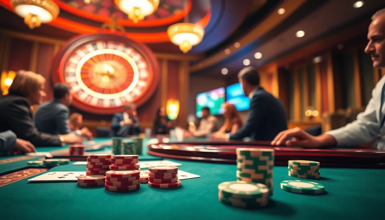 Engage with thrilling Online casino Uk gameplay featuring vibrant poker chips and spinning roulette.