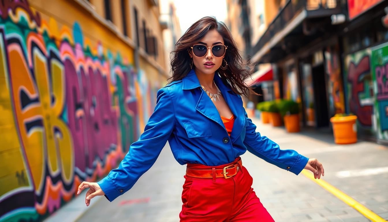 Model exhibiting fashion trends in a lively urban setting, showcasing vibrant style and confidence.