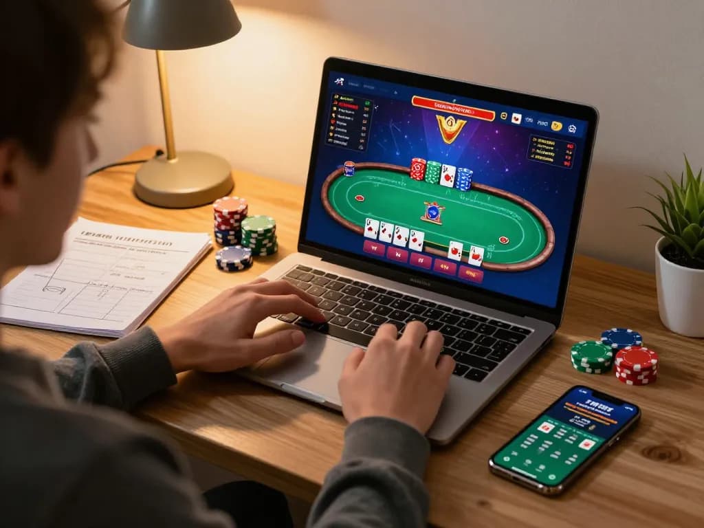 Engaging in a thrilling poker game on 388bet using a laptop, showcasing strategy at home
