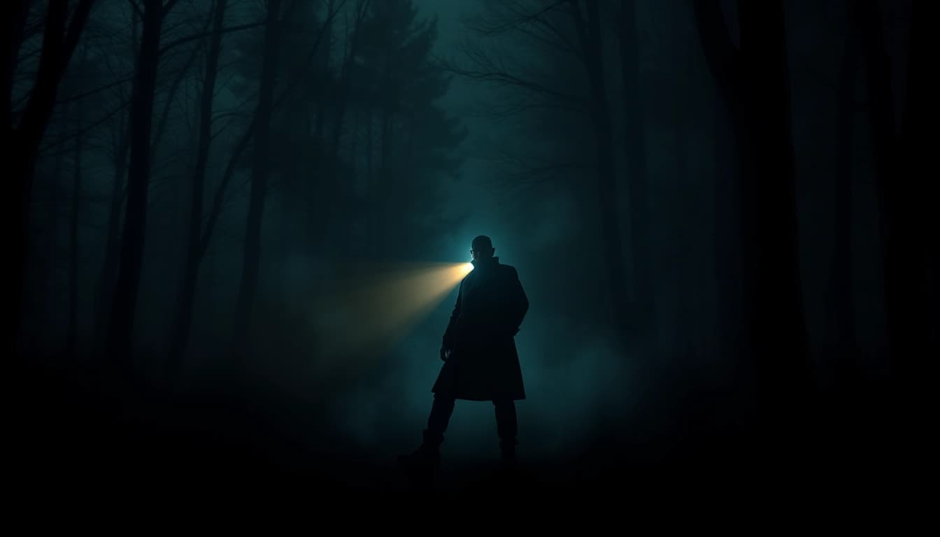 Engaging clean thriller book cover with a detective exploring a misty forest, enhancing suspense.