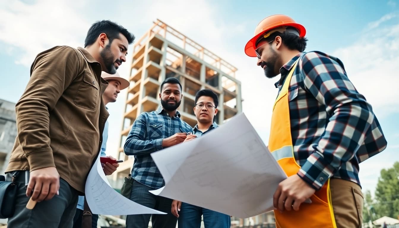 Construction association North Carolina professionals analyzing blueprints on a building site.