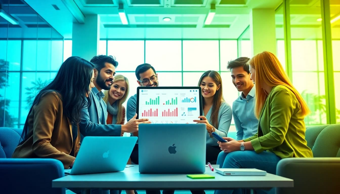 Engage in edmonton social media marketing with a diverse team collaborating in a modern office.
