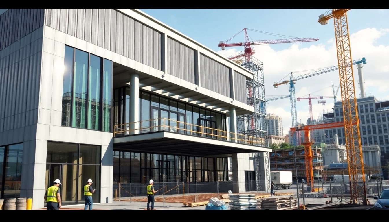 Steel structure design showcased in a bustling urban setting with construction workers collaborating.