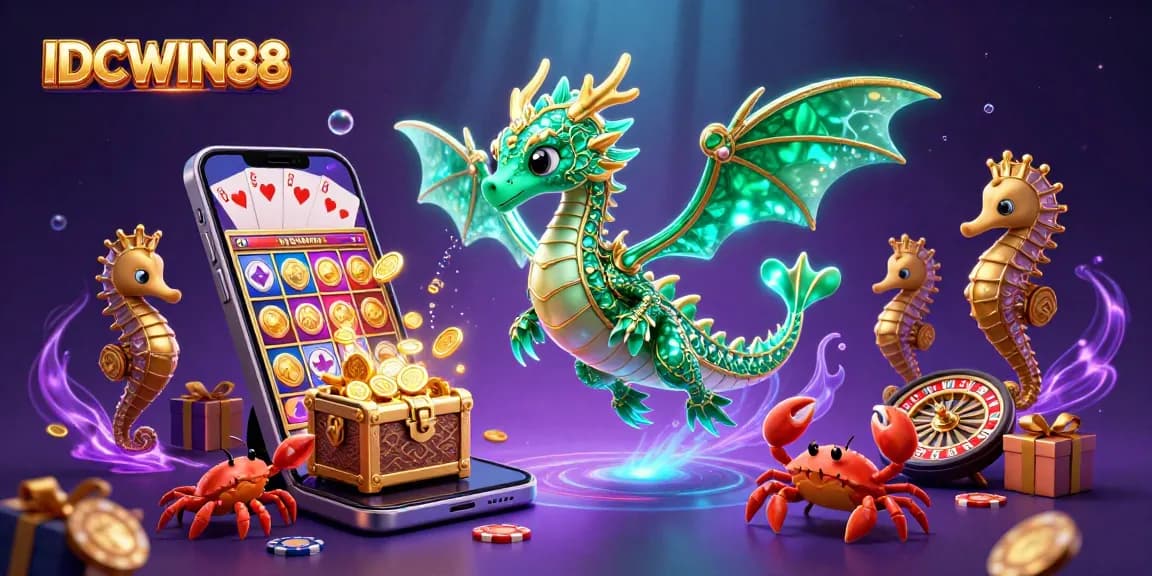 Experience the exciting slot gameplay on IDCWIN88 with vibrant visuals of a sea dragon and treasures.