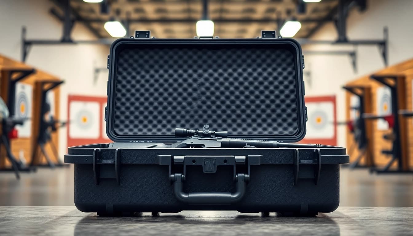 Showcasing a pelican rifle case with a rifle and accessories inside, highlighting durability and functionality.