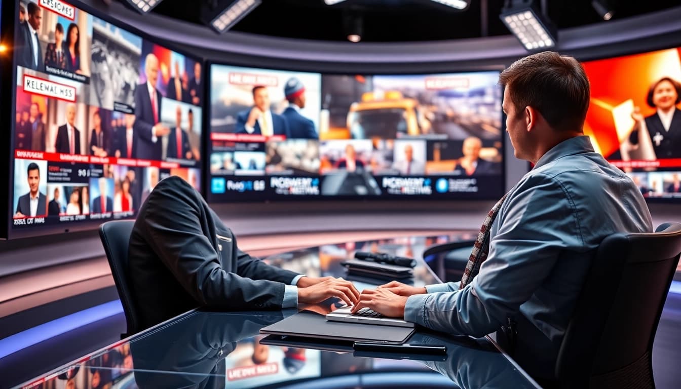 Engaging news reporting scene highlighting the latest news developments in a bustling newsroom.