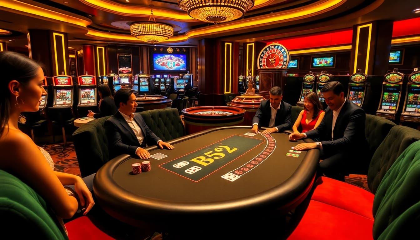 Players enjoying a B52 themed poker game at a luxurious casino table with vibrant colors.