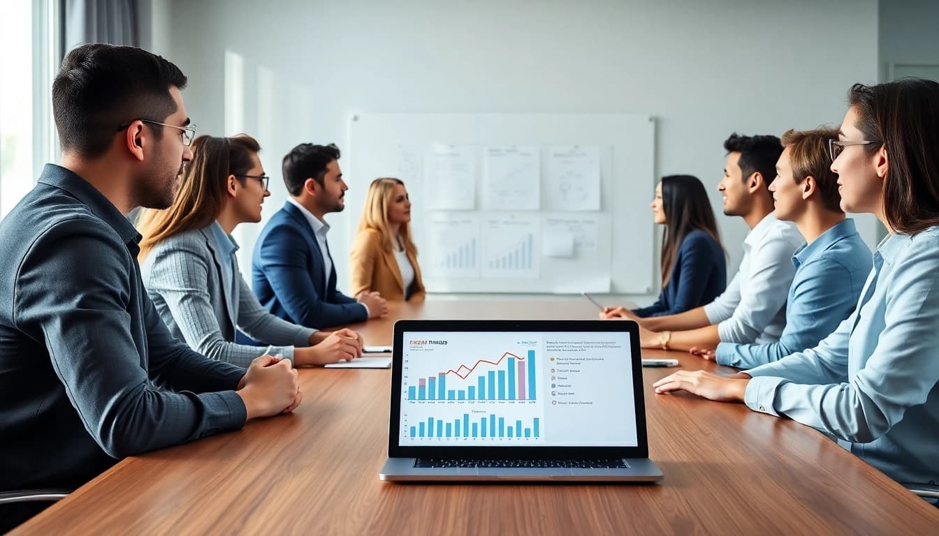 Engaged business professionals in a meeting discussing strategies and financials.