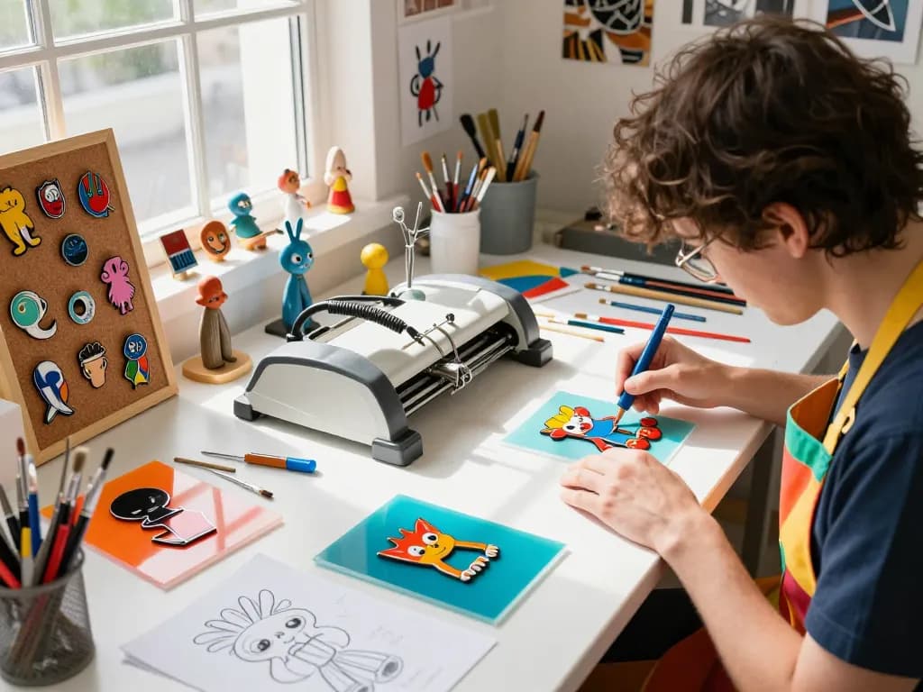 Custom acrylic pins being designed in a colorful artist's studio with vibrant materials and tools.