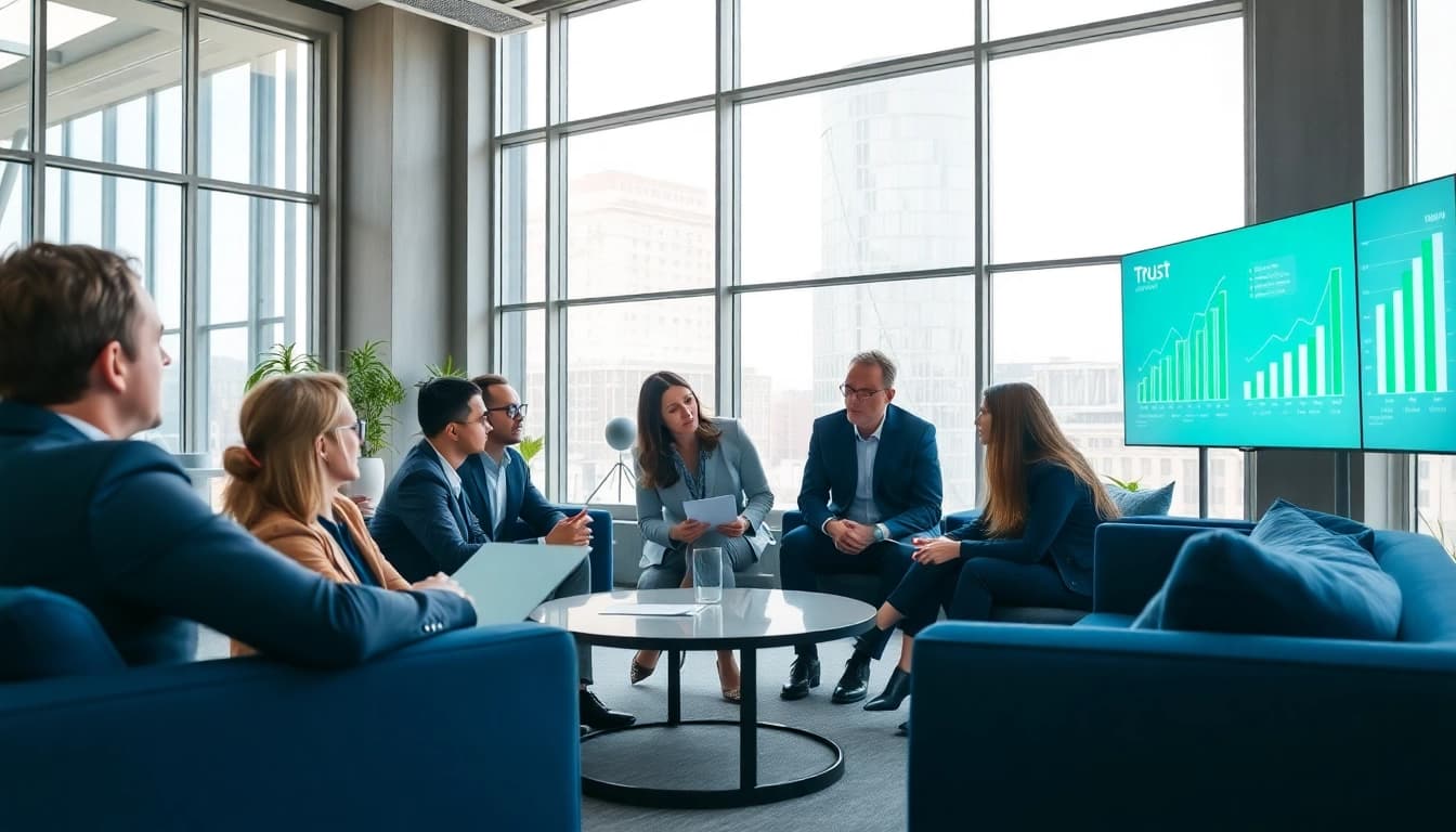 Analyze business growth insights during a collaborative meeting in a bright office.