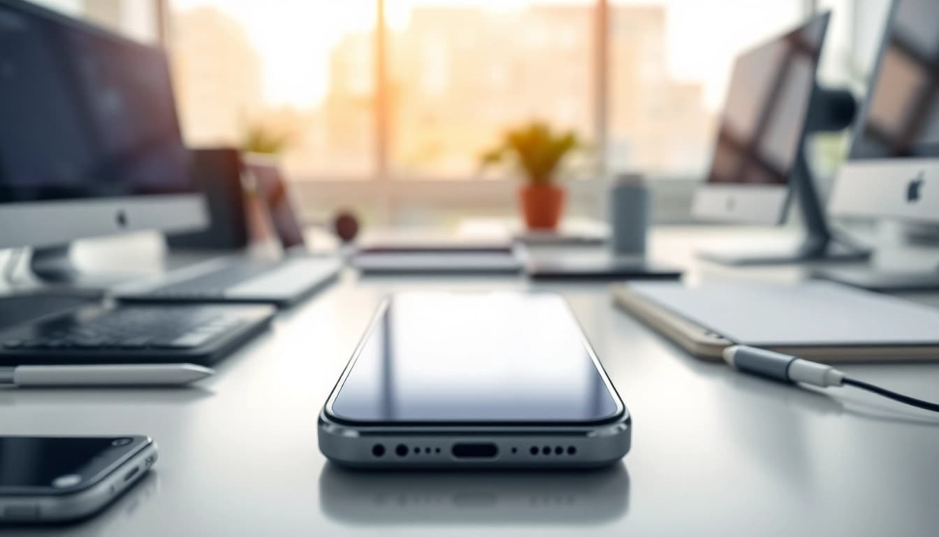 Revisión de Celulares iPhone con diseño moderno y elegante en un escritorio limpio