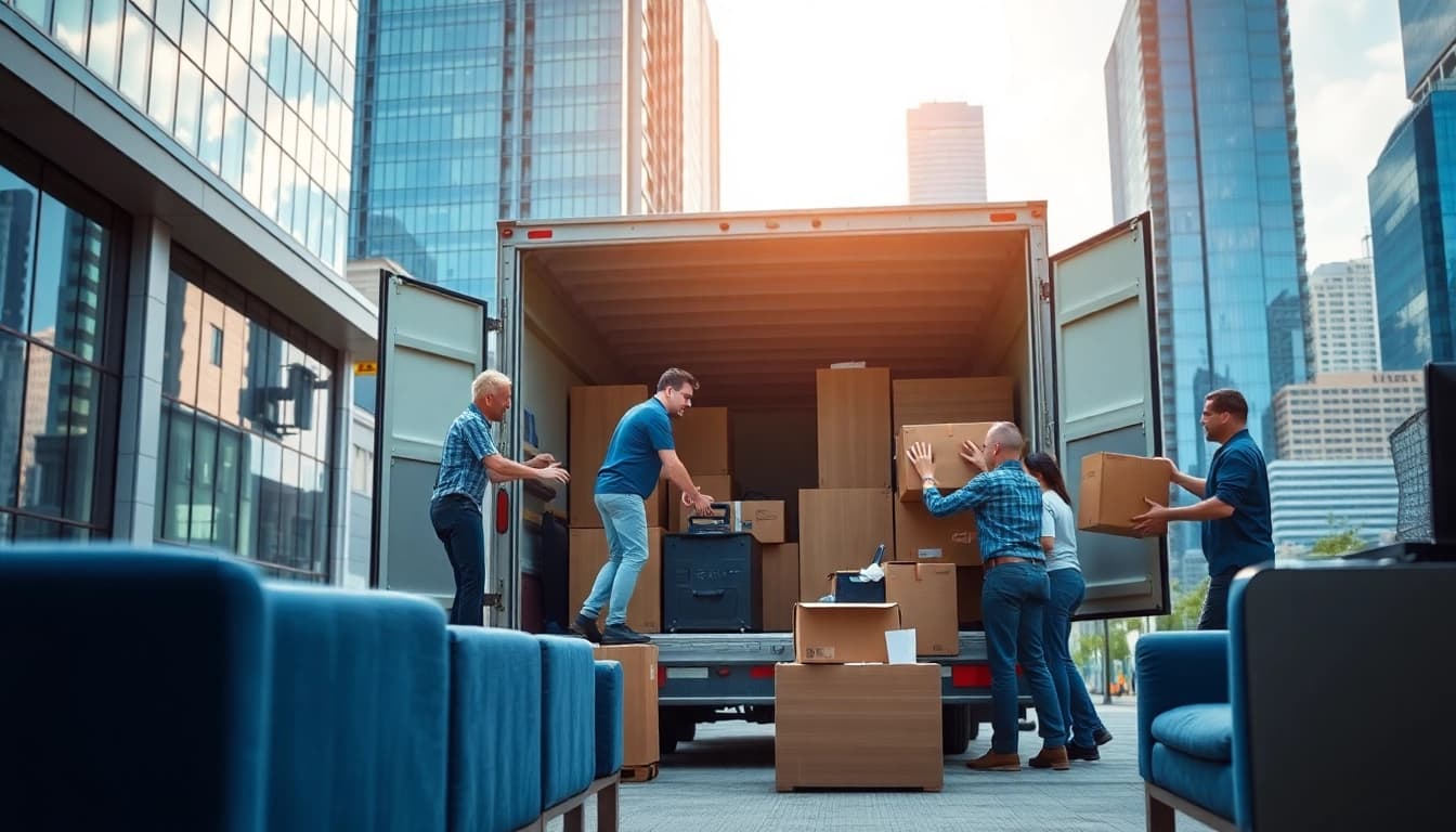 Office Relocation Wollongong featuring professional movers efficiently packing an office environment.