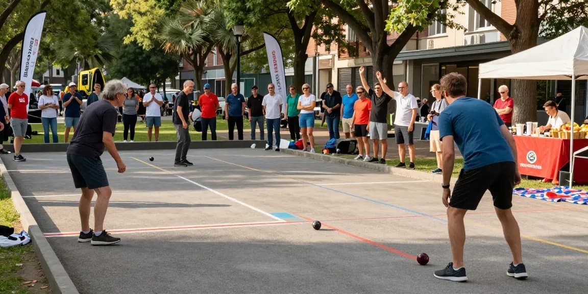 Acara petanque di fopikotapontiana.org, berbagai pemain berpartisipasi di taman kota dengan suasana gembira.