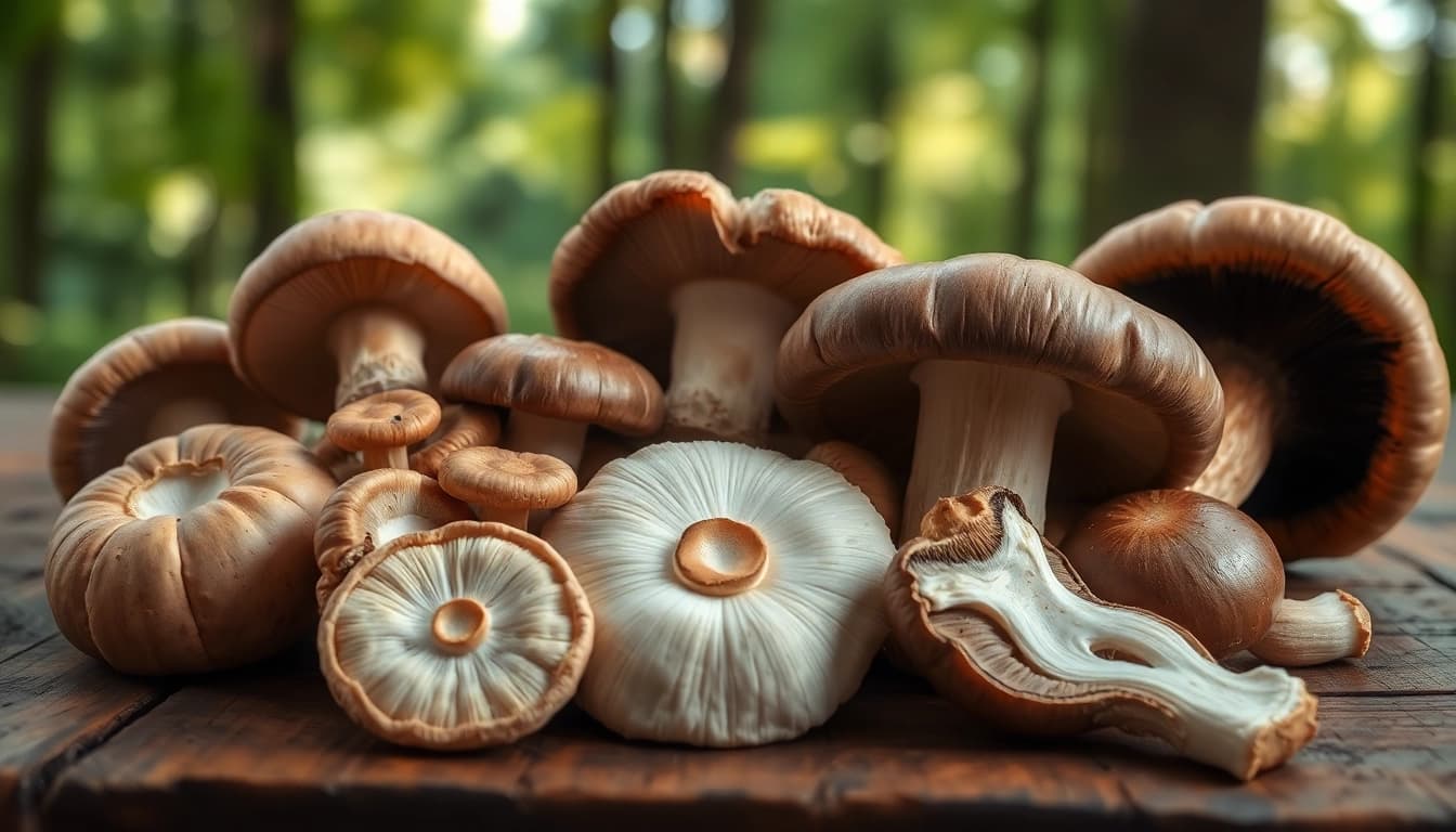 Buy mushrooms online Canada with an artistic display of various mushrooms on a rustic table.