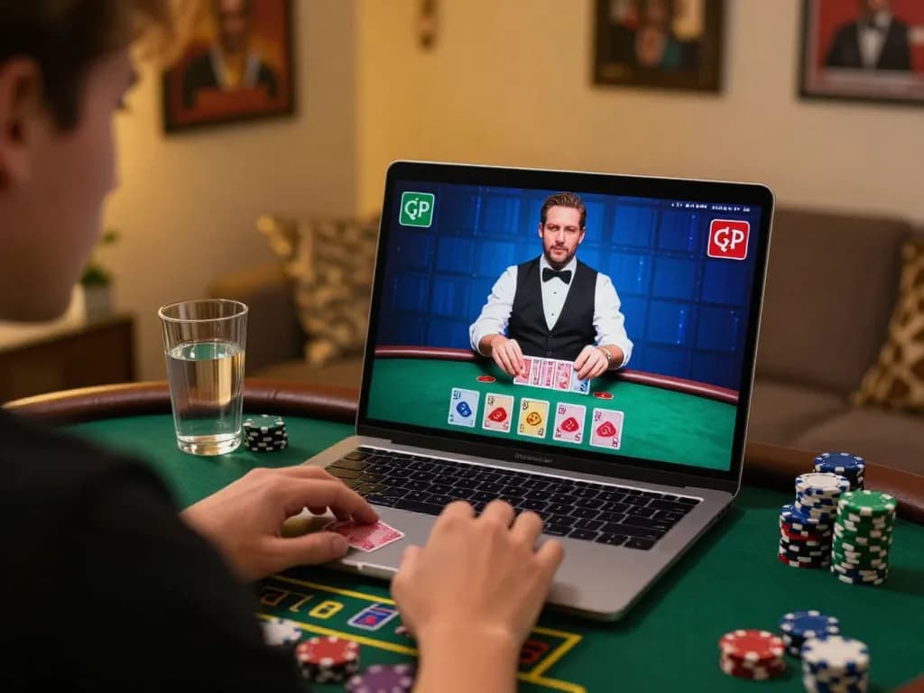 SAY88 engaging in live dealer blackjack online at home with strategic gameplay