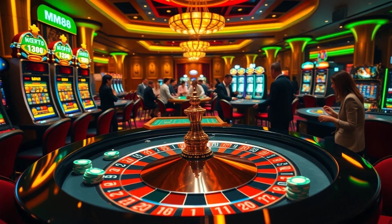 MM88 gamblers enjoying an exciting game around a luxurious casino table.