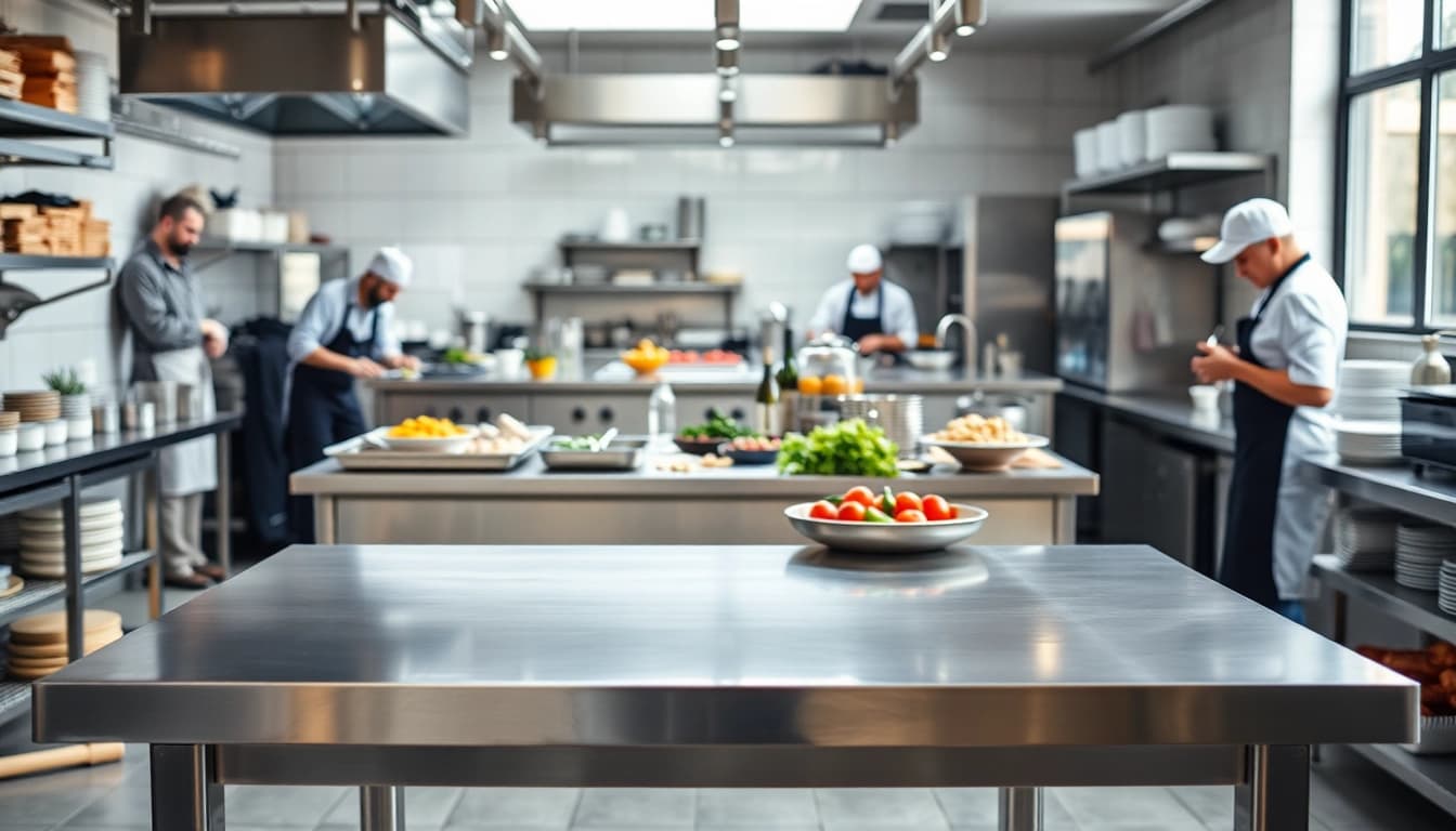 Stainless steel table in a professional kitchen highlighting durability and usability.