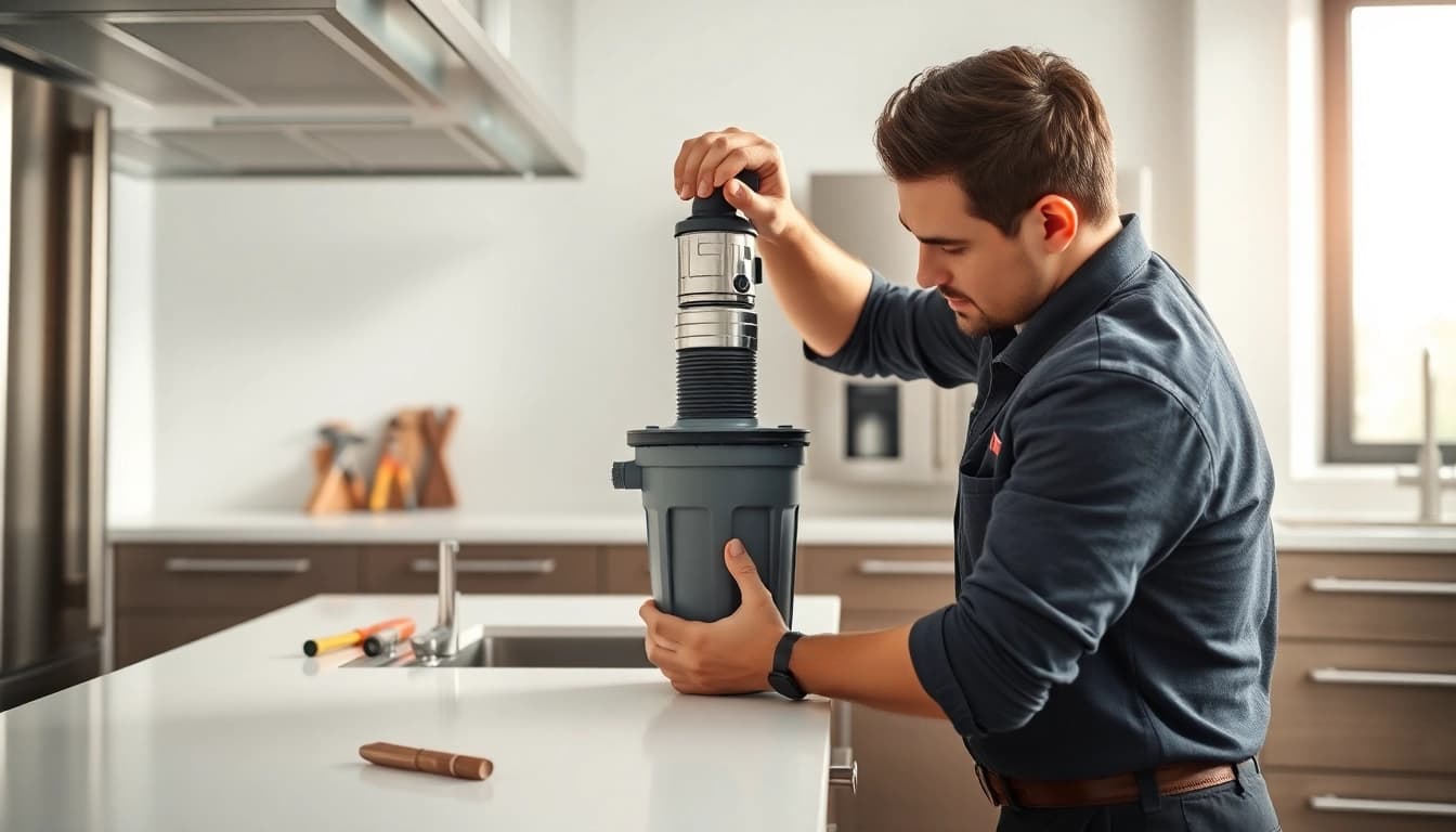 Garbage Disposal Installation process in a bright kitchen with a professional plumber at work.