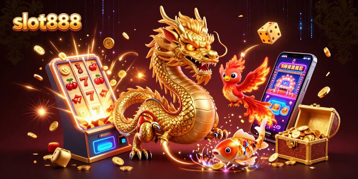 slot888 menampilkan naga emas dan simbol permainan kasino yang menarik.